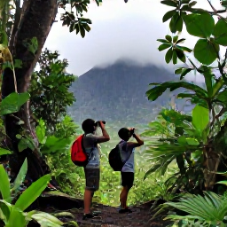 Caribbean Holidays, August Birdwatching, Birdwatchers using binoculars on a shaded forest trail in Montserrat, with tropical foliage and misty volcanic mountains beyond