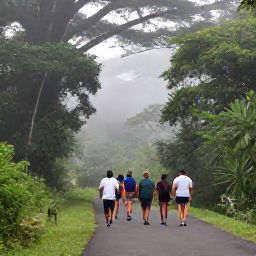 Caribbean Holidays, August Birdwatching, Birdwatching group walking through misty Blue Mountains forest in Jamaica during the morning