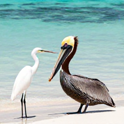 Caribbean Holidays, August Birdwatching, Brown pelican and white heron beside calm turquoise water on a Caribbean shoreline in August