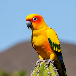 Caribbean Holidays, August Birdwatching, Close-up of a yellow-shouldered parrot perched on a cactus branch in Cura&ccedil;ao, with blue sky and arid hills