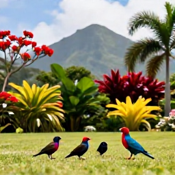 Caribbean Holidays, August Birdwatching, Colourful Caribbean birds feeding in a quiet Montserrat garden, with flowering tropical plants, palms and a sunny mountain view