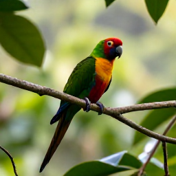 Caribbean Holidays, August Birdwatching, Colourful Saint Lucia parrot perched in rainforest foliage, soft morning light