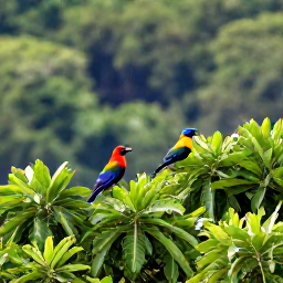 Caribbean Holidays, August Birdwatching, Colourful tropical birds perched in lush green foliage on Saint Kitts, with forested hills in the background