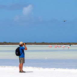 Caribbean Holidays, August Birdwatching, Cura&ccedil;ao birdwatcher using binoculars beside a quiet salt pan, with flamingos and shorebirds in the distance