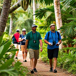 Caribbean Holidays, August Birdwatching, Friendly birdwatchers walking through a shaded tropical reserve in the Dominican Republic with binoculars and field guides