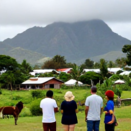 Caribbean Holidays, August Birdwatching, Friendly travellers relaxing after a birdwatching walk in Montserrat, with a small island village, tropical greenery and Caribbean mountains