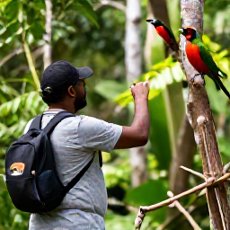Caribbean Holidays, August Birdwatching, Jamaican birdwatcher viewing colourful tropical birds in lush August rainforest