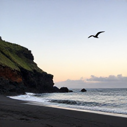 Caribbean Holidays, August Birdwatching, Quiet Montserrat coastline at dawn with a seabird gliding over the Caribbean Sea, volcanic cliffs and dark sand beach