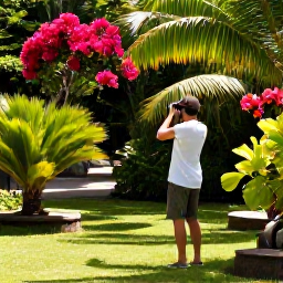 Caribbean Holidays, August Birdwatching, Relaxed birdwatcher in a shaded Antigua garden with binoculars, tropical flowers and a quiet Caribbean afternoon