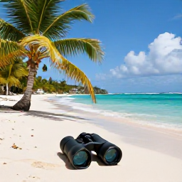 Caribbean Holidays, August Birdwatching, Relaxed birdwatching holiday scene at a Saint Martin beach with palm trees, turquoise water and binoculars