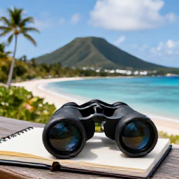 Caribbean Holidays, August Birdwatching, Relaxed birdwatching holiday scene with binoculars, notebook and tropical island landscape in the United States Virgin Islands