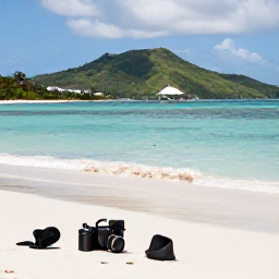 Caribbean Holidays, August Birdwatching, Relaxed Caribbean beach on Saint Kitts with distant green hills, birdwatching equipment resting nearby