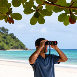 Caribbean Holidays, August Birdwatching, Relaxed Caribbean birdwatching holiday scene with binoculars, tropical foliage and a quiet beach in Tobago