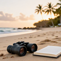 Caribbean Holidays, August Birdwatching, Relaxed Caribbean evening on a Saint Vincent beach with binoculars resting beside a travel journal and palm trees in the background