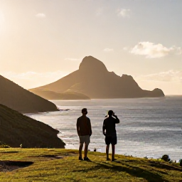 Caribbean Holidays, August Birdwatching, Relaxed couple birdwatching beside a scenic Saint Barth&eacute;lemy viewpoint at sunrise in August