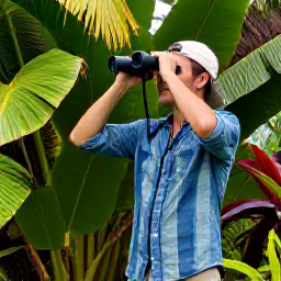 Caribbean Holidays, August Birdwatching, Relaxed traveller using binoculars beside a Jamaican garden after a tropical shower