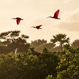 Caribbean Holidays, August Birdwatching, Scarlet ibis and other colourful birds flying over mangrove wetlands in Trinidad at sunrise