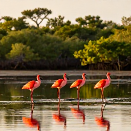 Caribbean Holidays, August Birdwatching, Scarlet ibis gathered in a calm mangrove wetland near Caroni Swamp in Trinidad during golden evening light