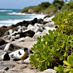 Caribbean Holidays, August Birdwatching, Small Caribbean bird perched on scrub beside a rocky coastal path on Saint Barth&eacute;lemy