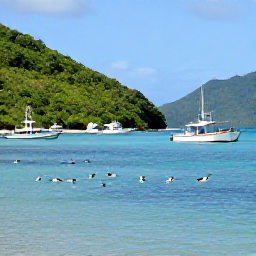 Caribbean Holidays, August Birdwatching, Small Caribbean island harbour in the Grenadines with seabirds above turquoise water, fishing boats and green hills
