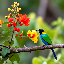 Caribbean Holidays, August Birdwatching, Small colourful Caribbean birds feeding among flowering plants in a peaceful garden on Nevis