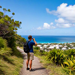 Caribbean Holidays, August Birdwatching, Tropical hillside trail with a birdwatcher looking across Saint Martin towards the Caribbean Sea