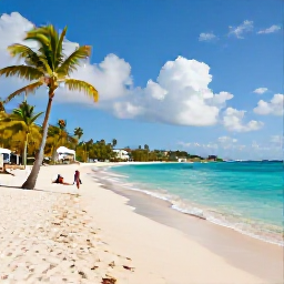 Caribbean Holidays, August Business Class, Bright August morning at Magens Bay on St Thomas, with soft white sand, clear turquoise water, palm trees and a few relaxed visitors