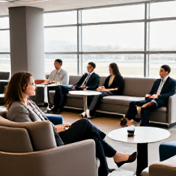 Caribbean Holidays, August Business Class, Business class passengers relaxing in a comfortable airport lounge before a Caribbean flight