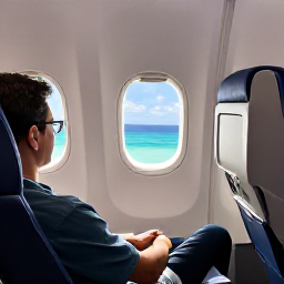 Caribbean Holidays, August Business Class, Business class traveller relaxing in a comfortable aircraft seat while flying towards the turquoise Caribbean Sea and the United States Virgin Islands