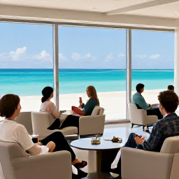 Caribbean Holidays, August Business Class, Business class travellers relaxing in a bright airport lounge before flying to the turquoise waters of Turks and Caicos