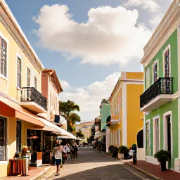 Caribbean Holidays, August Business Class, Colourful historic streets in Charlotte Amalie, St Thomas, with Danish colonial buildings, small shops and visitors exploring in warm August sunshine