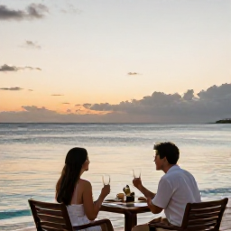 Caribbean Holidays, August Business Class, Couple enjoying a Caribbean sunset from a beachside restaurant with calm sea and warm evening light