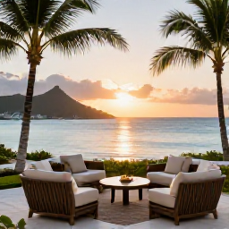 Caribbean Holidays, August Business Class, Elegant beachfront hotel terrace in the United States Virgin Islands at sunset, with comfortable seating, palm trees and calm Caribbean water