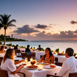 Caribbean Holidays, August Business Class, Elegant beachfront restaurant at sunset in Providenciales, Turks and Caicos, with diners enjoying fresh seafood