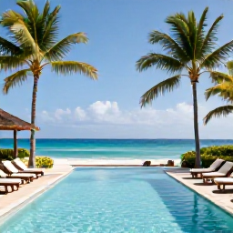 Caribbean Holidays, August Business Class, Elegant Caribbean resort pool with palm trees, comfortable loungers and ocean views