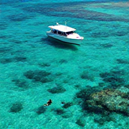 Caribbean Holidays, August Business Class, Small boat gliding over transparent turquoise water near a coral reef in Turks and Caicos, with snorkellers exploring below