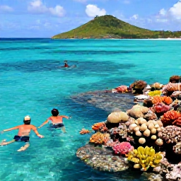 Caribbean Holidays, August Business Class, Snorkellers exploring a colourful coral reef in clear Caribbean water near St John, with green hills visible in the distance
