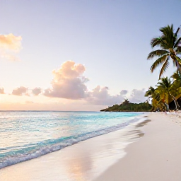 Caribbean Holidays, August BVI Holidays, A quiet adults-only beach in the British Virgin Islands at sunrise, calm turquoise water, soft white sand and palm trees