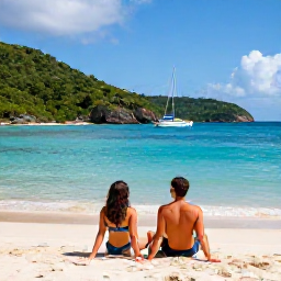 Caribbean Holidays, August BVI Holidays, Couple relaxing on a secluded British Virgin Islands beach in August, with a calm bay, sailing boat and lush green hills