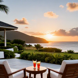 Caribbean Holidays, August BVI Holidays, Elegant adults-only resort terrace in the British Virgin Islands at sunset, with tropical garden, sea view and two cocktails