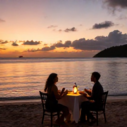 Caribbean Holidays, August BVI Holidays, Romantic dinner for two beside the sea in the British Virgin Islands after sunset, warm lantern light and calm Caribbean water