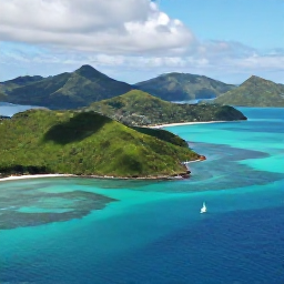 Caribbean Holidays, August Caribbean Holidays, Aerial view of a Caribbean island chain with turquoise water, green hills and a small sailing boat