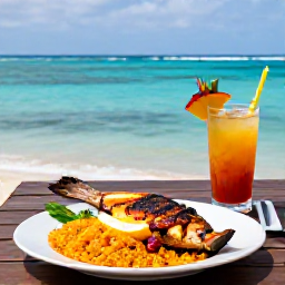 Caribbean Holidays, August Caribbean Holidays, Caribbean seaside restaurant serving grilled fish, rice, tropical fruit and colourful drinks beside a calm turquoise sea