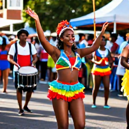 Caribbean Holidays, August Caribbean Holidays, Colourful Caribbean street parade with dancers in bright costumes, drummers and cheerful crowds under warm August sunshine