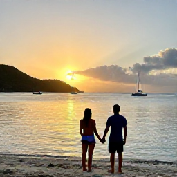 Caribbean Holidays, August Caribbean Holidays, Couple enjoying a sunset overlooking a Caribbean bay with boats and tropical hills