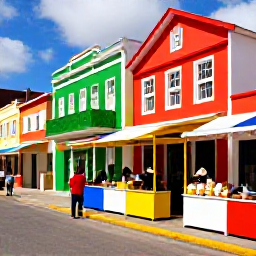 Caribbean Holidays, August Caribbean Holidays, Lively Caribbean street scene with colourful buildings, local food stalls and musicians performing