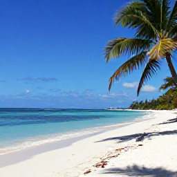 Caribbean Holidays, August Caribbean Holidays, Relaxed Caribbean beach with white sand, palm trees and calm blue sea under a sunny sky