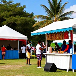 Caribbean Holidays, August Caribbean Holidays, Traditional Caribbean festival village with local food stalls, musicians, handmade crafts and families enjoying an outdoor celebration