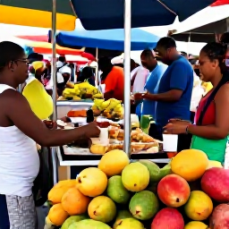 Caribbean Holidays, August City Breaks, Caribbean street market with fresh tropical fruit, local food stalls and visitors enjoying authentic island flavours