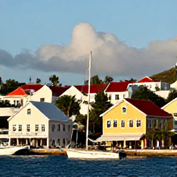 Caribbean Holidays, August City Breaks, Colourful waterfront buildings, palm trees and boats in Charlotte Amalie, St Thomas, United States Virgin Islands, warm August sunshine